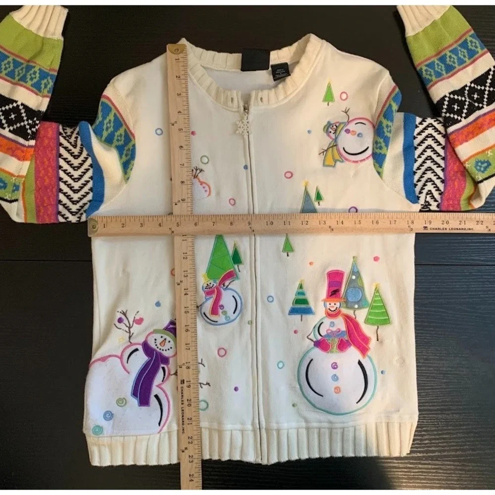 Vintage Sportelle Knit Full Zip Christmas Sweater Snowman Women's Small‎